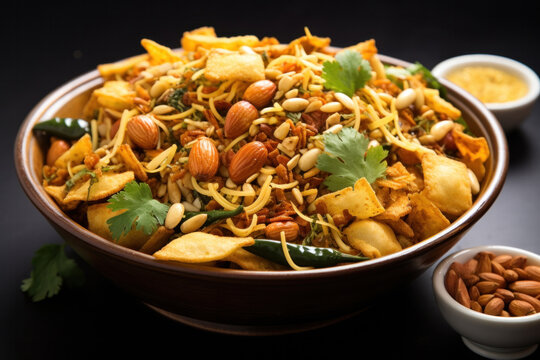 Indian Farsan or nimko or chivda with dry fruits served in a bowl