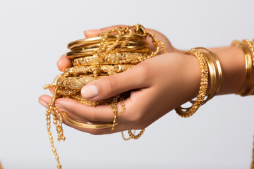 closeup of female hand holding gold jewelry, ornaments - Asset or Gold Loan concept.