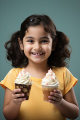 Indian small girl holding ice cream cone or cup