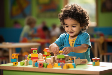Indian cute little small girl playing with colourful building block toy on table - Powered by Adobe