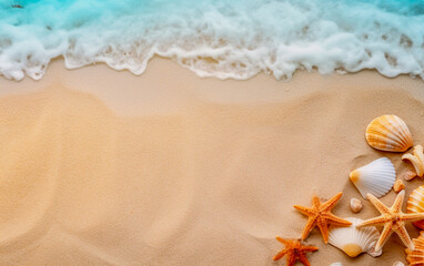 Mockup background of a beach sand with with seashells, starfish for summer travel advertising. Sea beach with space for text
