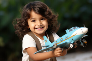 Indian little girl or boy flying a toy plane - obrazy, fototapety, plakaty