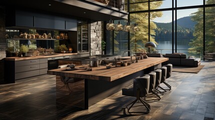 Fototapeta na wymiar the concept of a modern villa kitchen feel overlooking the lake
