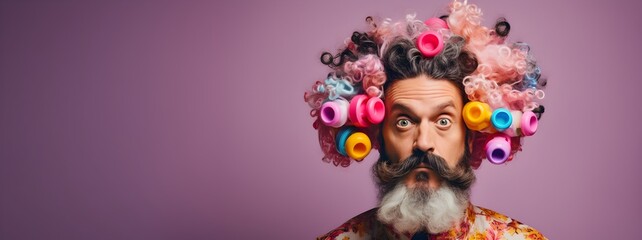 Gray-haired man with long beard, colorful curlers in his hair
