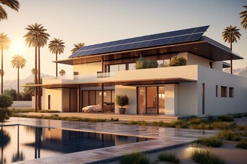 Contemporary house, solar panels, desert setting, palm trees, 3D rendering. Generative AI