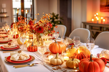 Place setting on a table with mini orange pumpkins, and crystal glasses for Thanksgiving Day or Halloween.
