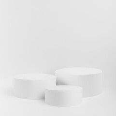 Abstract white stage with three round podiums mockup. Template for presentation cosmetic products, goods, advertising, design, sale, text, display, showing in cold winter style.