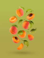 Fresh orange apricot, pink side, green leaves as flow fly, fall as art composition. Whole, half,...