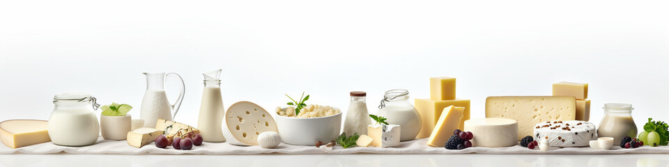 dairy products, cheese, milk, isolated on a white background long narrow panorama composition. - obrazy, fototapety, plakaty