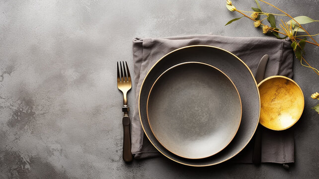 grey grunge background with copy space restaurant serving plate fork knife.