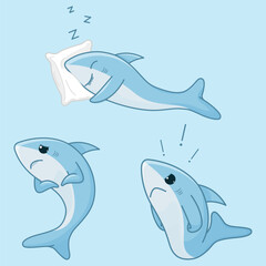 Obraz premium Set of three cute blue sharks in different poses on a blue background