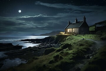 Nighttime Irish expanse with moonlit view of farmhouse along the shore. Generative AI - obrazy, fototapety, plakaty