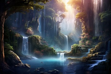 An ethereal artwork of a magical landscape featuring a cascading waterfall, mystical forests, and elven woods. Ideal for wallpapers and backgrounds. Generative AI