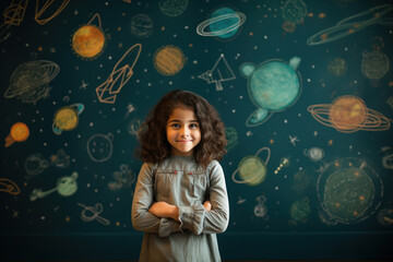 indian student standing against chalkboard with space doodle