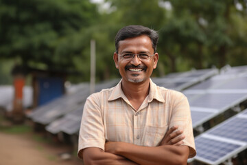 Happy indian man posing with folded hands against solar roof installed in the farm