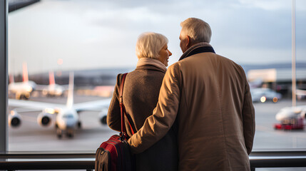 An elderly couple waiting for a flight look at the plane