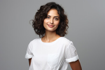 Obraz premium portrait of happy smiling indian woman in white top or tshirt, standing isolated over white background