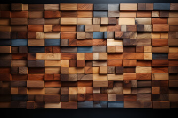 Modern, minimal, stylish decoration wall with brown square wood block mosaic