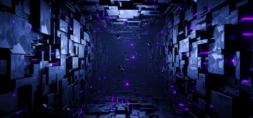 Sci-fi rectangular tunnel with neon purple square sign concept background