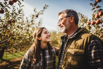 Father and teenage daughter visit an apple orchard, rejoice in picking apples in the garden, fresh air and fresh fruits.. - obrazy, fototapety, plakaty