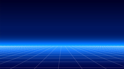 Technology background perspective retro grid. Futuristic cyber surface 80s - 90s styled. Vector blue mesh on colors background. Digital space wireframe landscape.