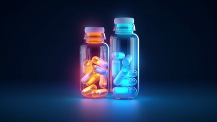 medicine polygonal pills antibiotics in a jar blue background.