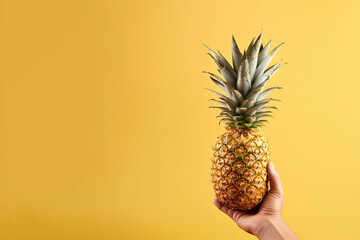 Hand hold fresh pineapple isolated on a yellow background with copy space