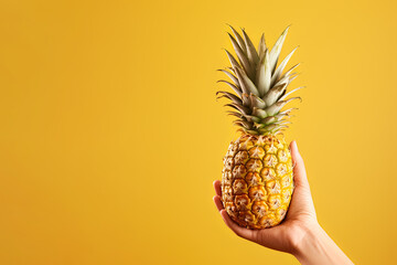 Hand hold fresh pineapple isolated on a yellow background with copy space - obrazy, fototapety, plakaty