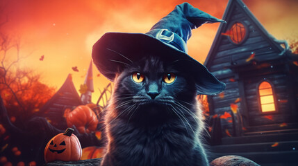 Black cat with a hat in a sinister halloween setting