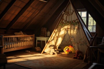 Attic bed room decorate for baby. Generative AI