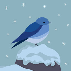 Vector illustration of cartoon blue bird  sitting on the snow. Winter christmas card.