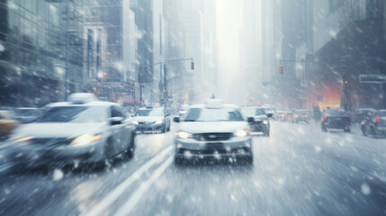 View of city road with cars or traffic in winter snowfall blizzard. Traffic in cold weather