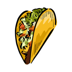 comic abstract style cartoon taco. Vector clip art illustration. Taco with meat, vegetable and tortilla. Traditional mexican fast-food.