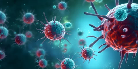 Tuinposter 3d render of corona virus out break a dangerous flu strain cases as a pandemic medical health risk concept with disease cells. © safia