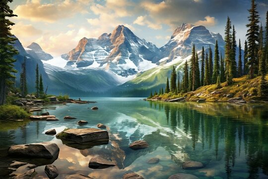 Breathtaking landscape featuring a serene lake and majestic mountains. Generative AI