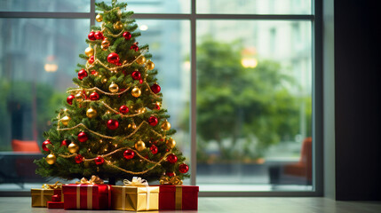 Beautiful decorated Christmas Tree with gifts in office interior - ai generative - obrazy, fototapety, plakaty