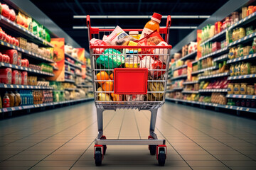 shopping cart full of products inside a supermarket - obrazy, fototapety, plakaty