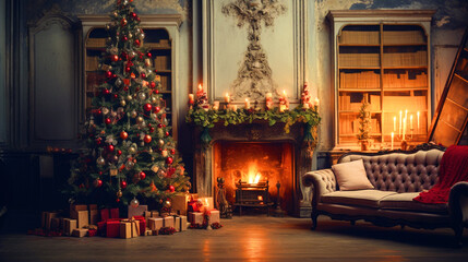 Fototapeta na wymiar Beautiful decorated Christmas Tree in room - ai generative