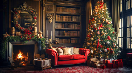 Naklejka na ściany i meble Beautiful decorated Christmas Tree in room - ai generative
