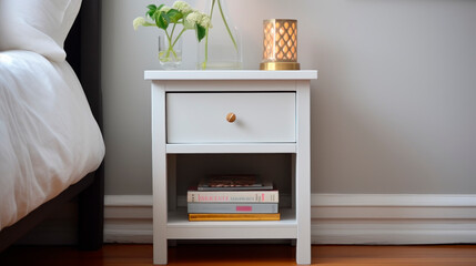 white and wooden nightstand with decoration