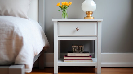 white and wooden nightstand with decoration