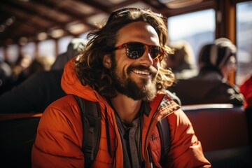 portrait of a young man in sunglasses in a ski resort