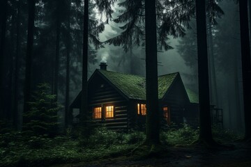Dark wooden cabin amidst eerie pine forest with tall surrounding trees. Generative AI