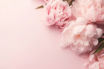 Tender peonies on pink background with copy space. Abstract natural floral frame layout with text space. Romantic feminine composition. Women day, Mother Day, Generative AI