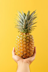 Hand hold fresh pineapple isolated on a yellow background