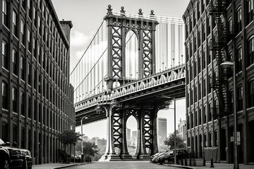 Manhattan bridge over east river seen from an alley between brick buildings in Dumbo, Brooklyn. Generative AI