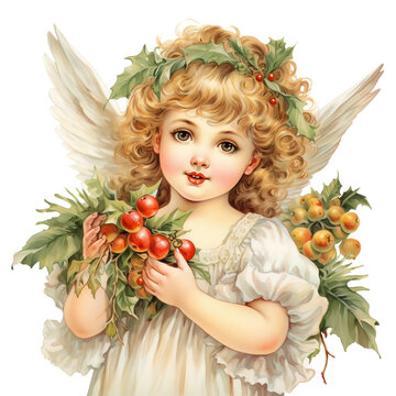 Christmas Angel with Christmas Tree Watercolor Clipart, Angel Girl Xmas Decoration, Vintage Angel Illustration