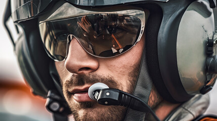 Uniformed military man with helmet and glasses prepared for combat. Portrait of a helicopter fighter pilot uniformed and looking at the camera. Generative Ai
