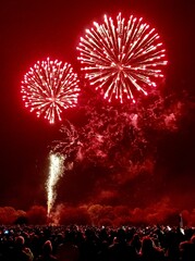 A rear view of a crowd of people standing in the dark watching fireworks explode overhead in a red sky. 