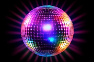 Shimmering reflective sphere. Nightlife hub. Suitable for advertisements or web design. Vivid backdrop for amusement, dancing, and music events. Generative AI